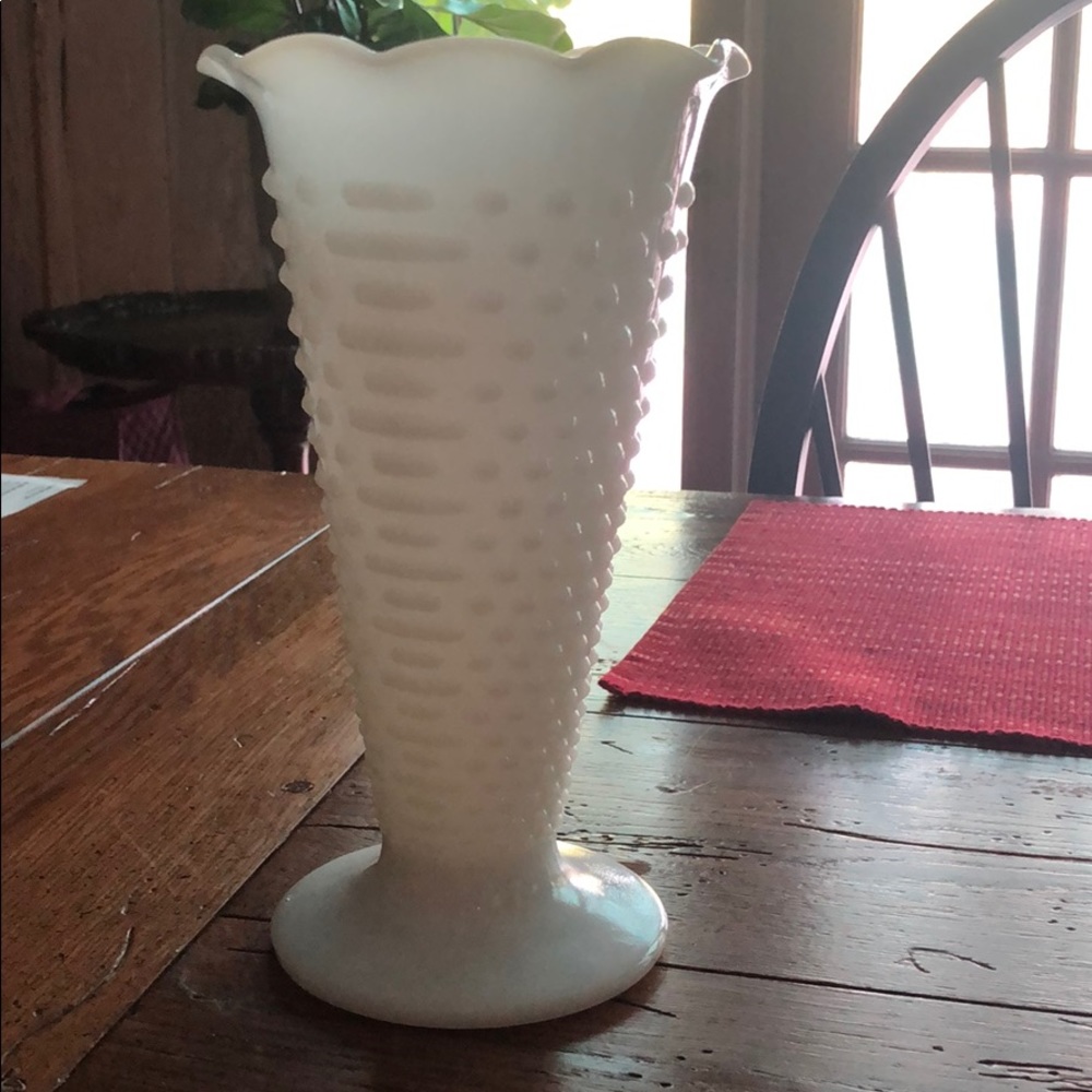 Hobnail Milk Glass tall vase 60’s 9.5” wedding?